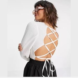 ASOS DESIGN Linen Long Sleeve Top with Strappy Back in White Ivory - Size 0